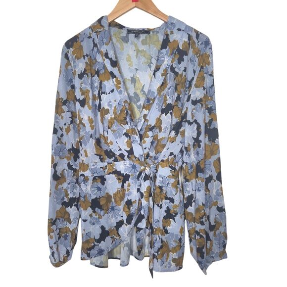 BCBGMaxAzria Blue and Brown Blouse with Tie Front and Sailor Collar Size Large - Picture 1 of 6